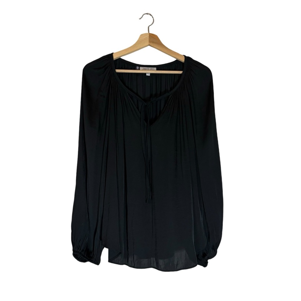 Jennifer Lopez Black V-Neck with Tie Balloon Sleeves Womens Blouse Size Large